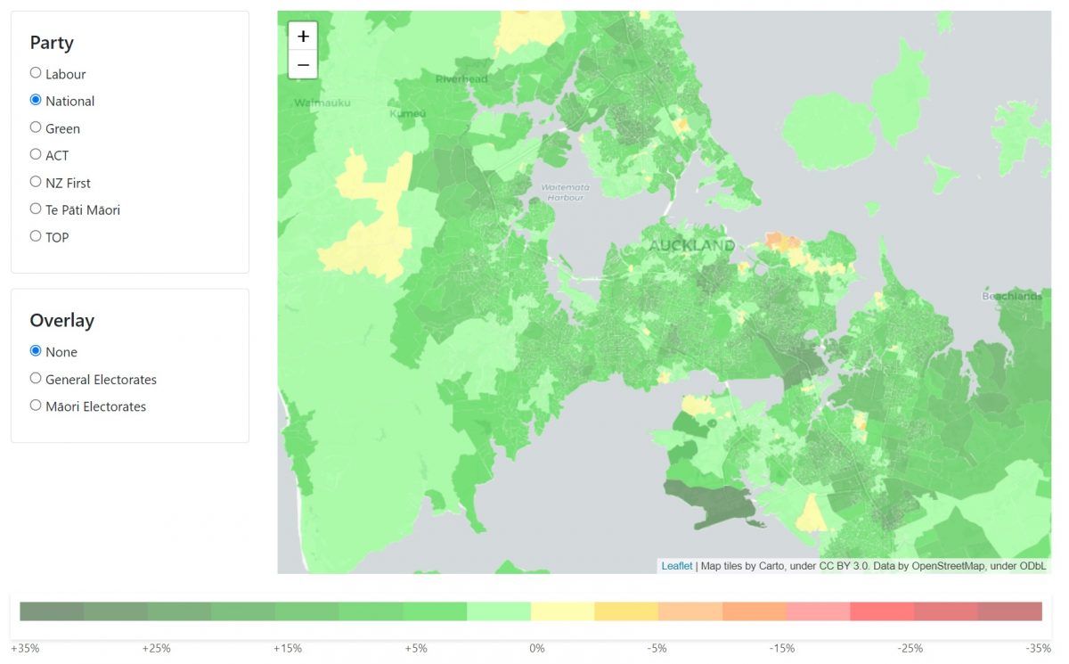 Swing map screenshot showing the swing to National in Auckland